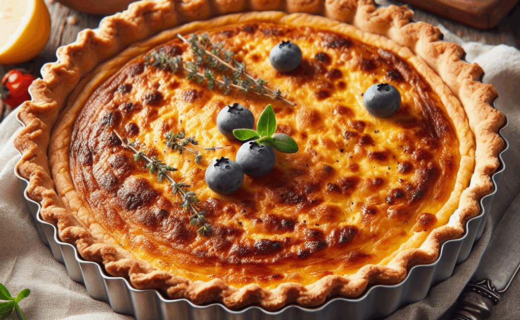 Uma Quiche Lorraine autêntica recém-saída do forno, com massa crocante e recheio cremoso.