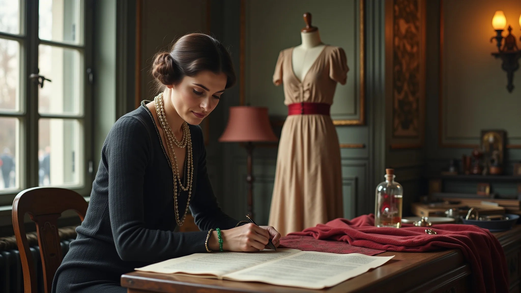 Coco Chanel jovem criando um vestido inovador em seu ateliê parisiense nos anos 20.