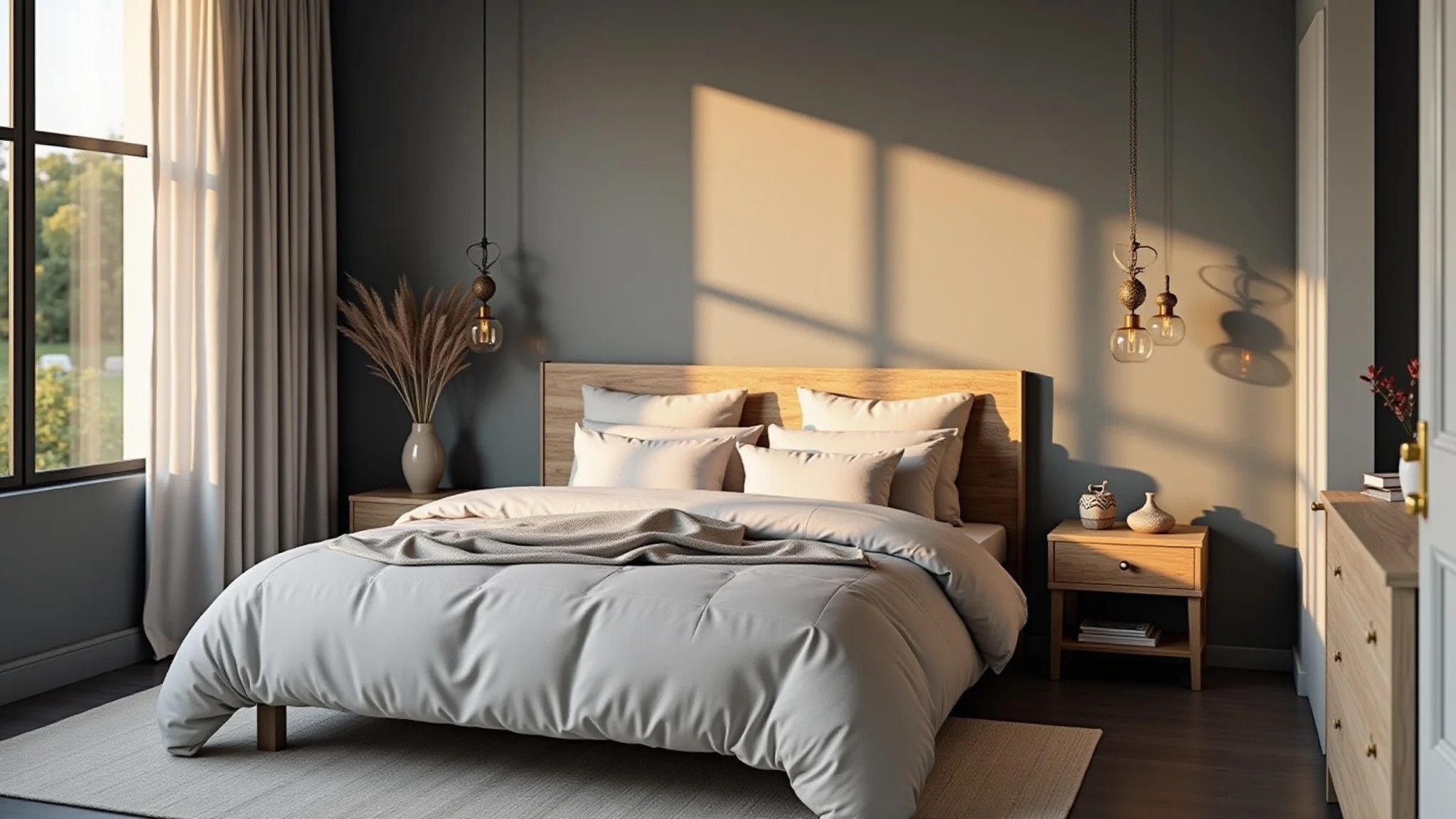 Quarto cinza minimalista com roupa de cama de linho e mesa de cabeceira de madeira.