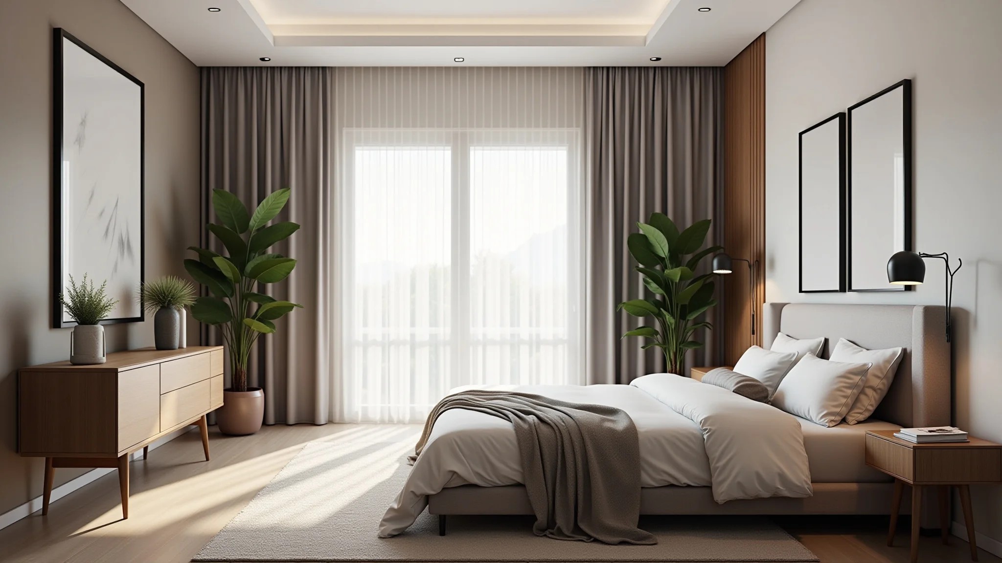 Quarto de casal moderno minimalista com cores neutras e iluminação natural.