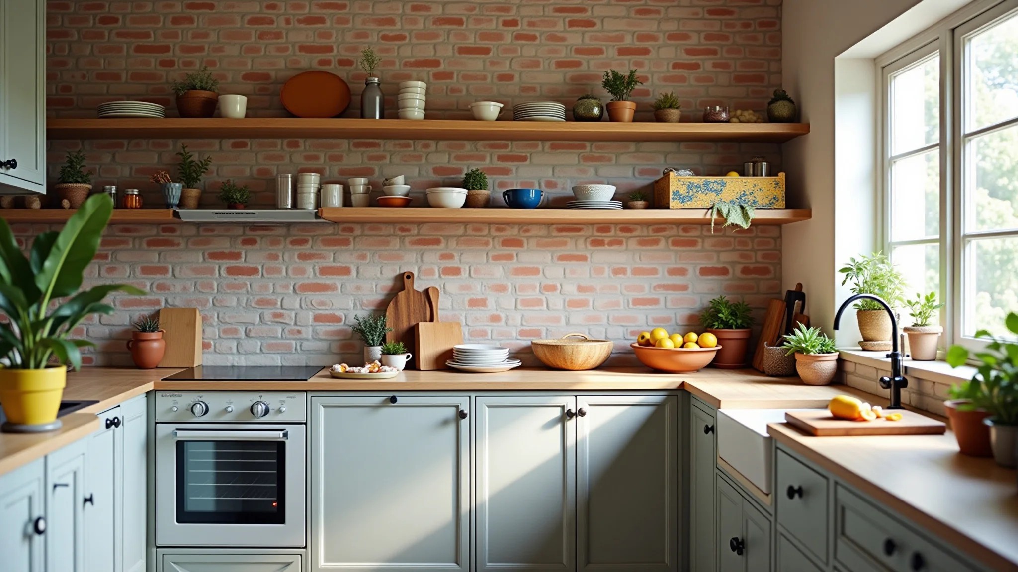 Cozinha americana simples com tijolinhos à vista e tecidos coloridos, estilo brasileiro.
