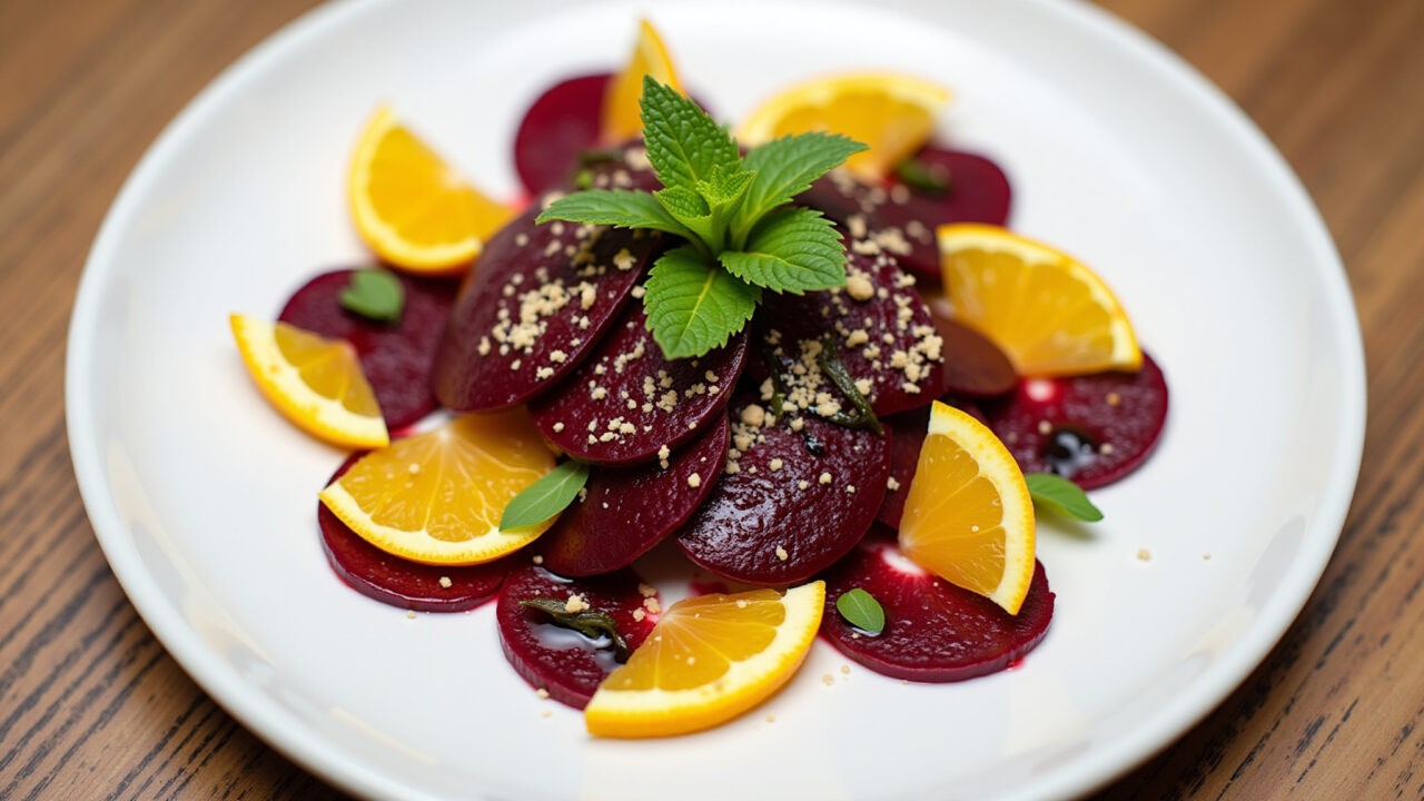 Crudo Vegano de Beterraba com Laranja e Gengibre, uma opção vegana e saborosa.