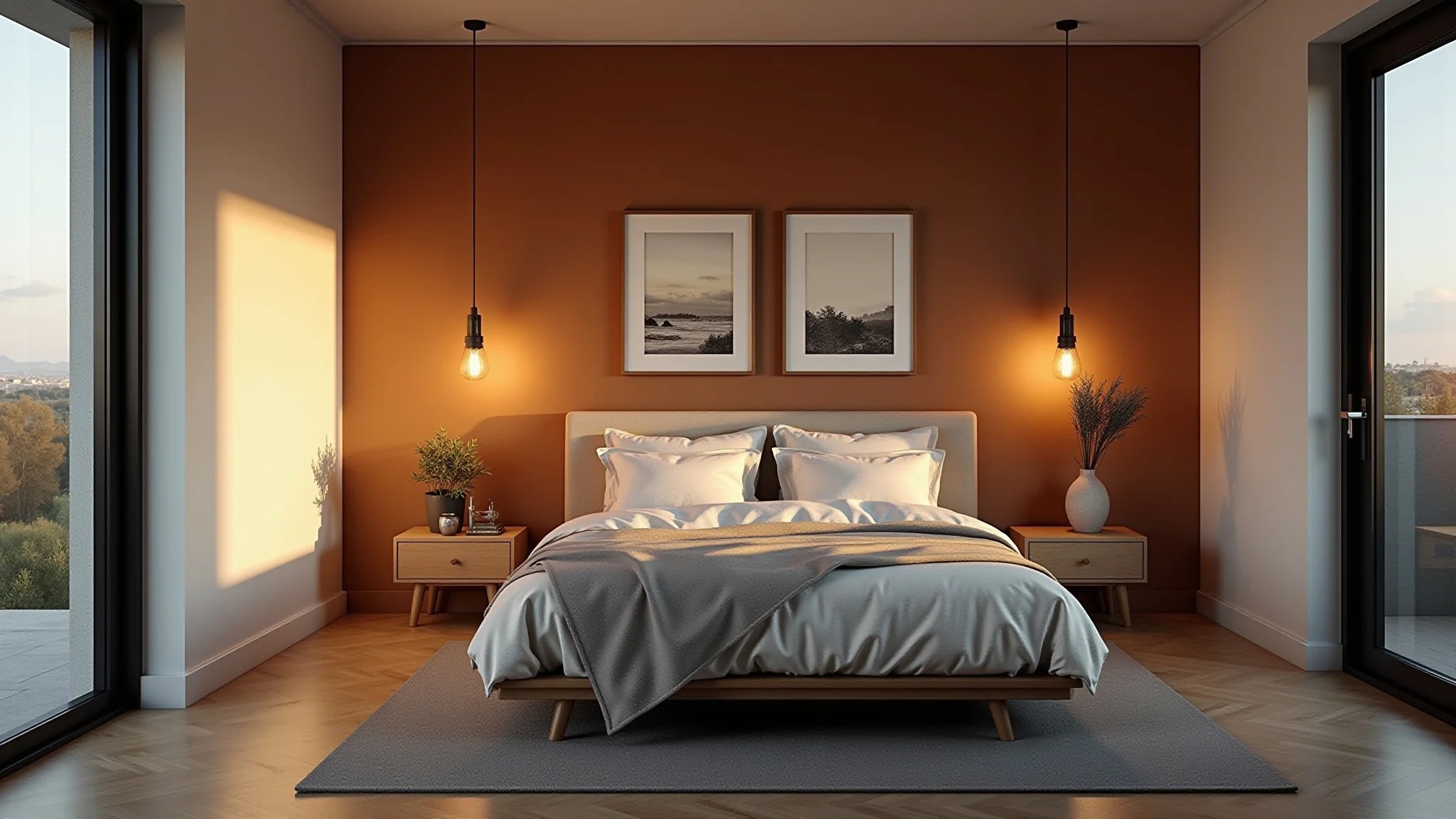 Quarto de casal moderno com iluminação inteligente e diferentes atmosferas.