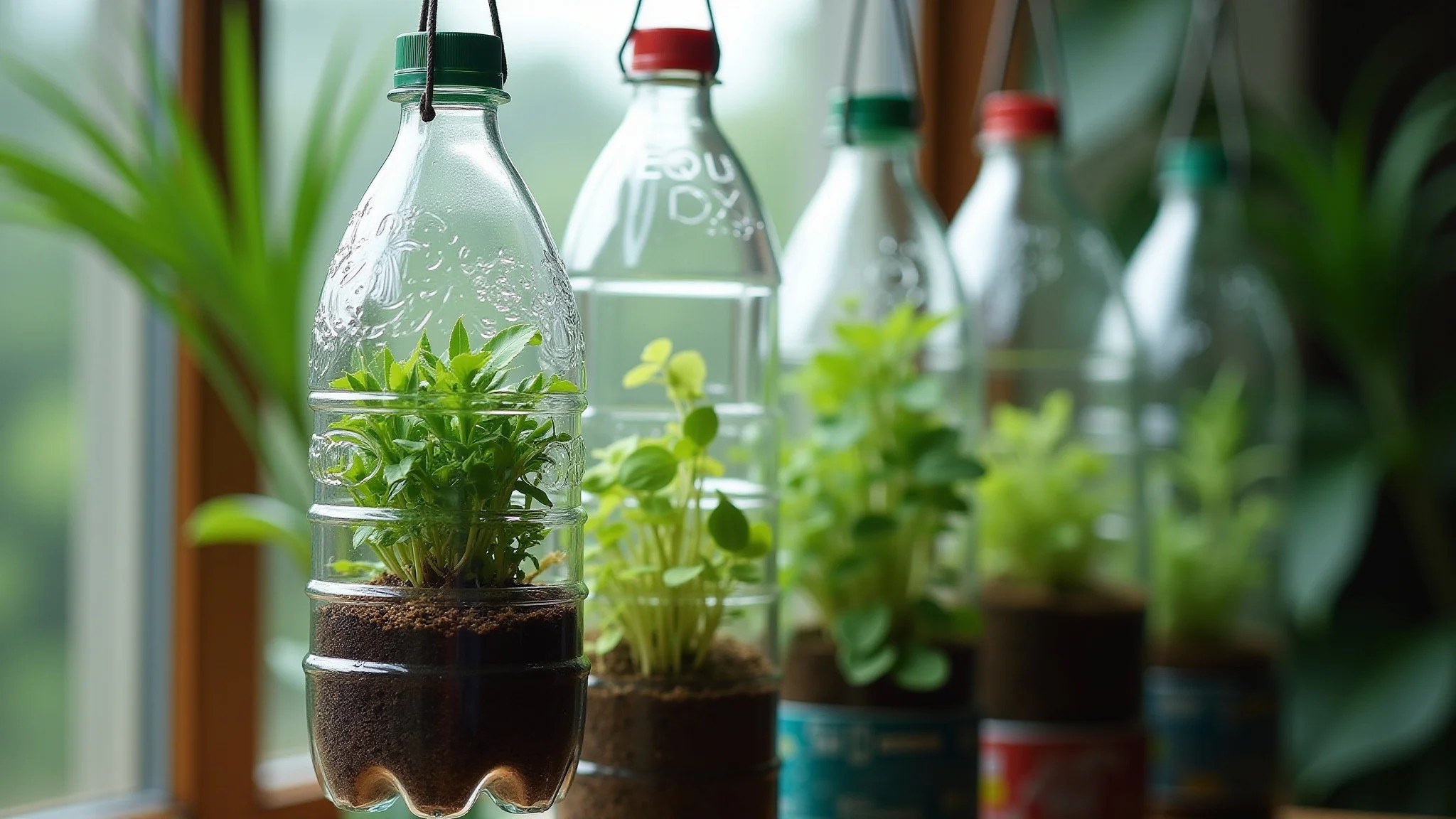 Horta suspensa com garrafas PET, diversas plantas, conceito sustentável.
