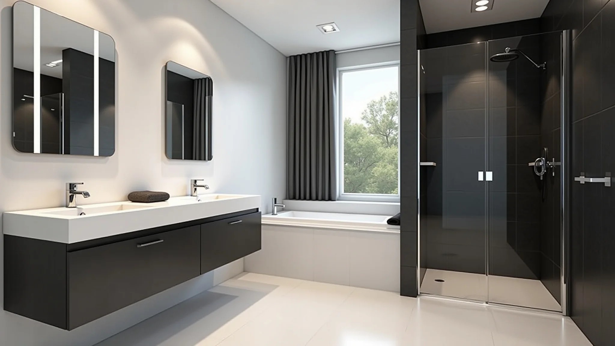 Banheiro preto e branco moderno com design minimalista e iluminação clara.