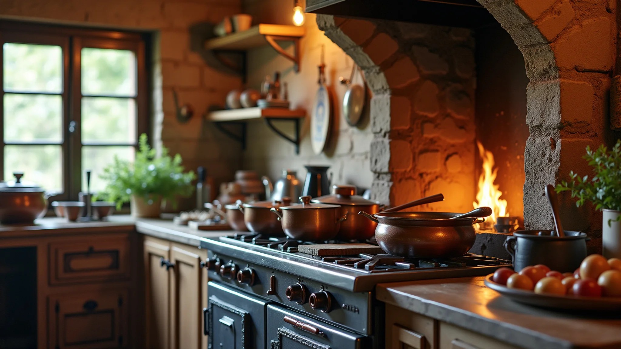 Cozinha de roça brasileira com fogão à lenha, panelas de cobre e detalhes rústicos.