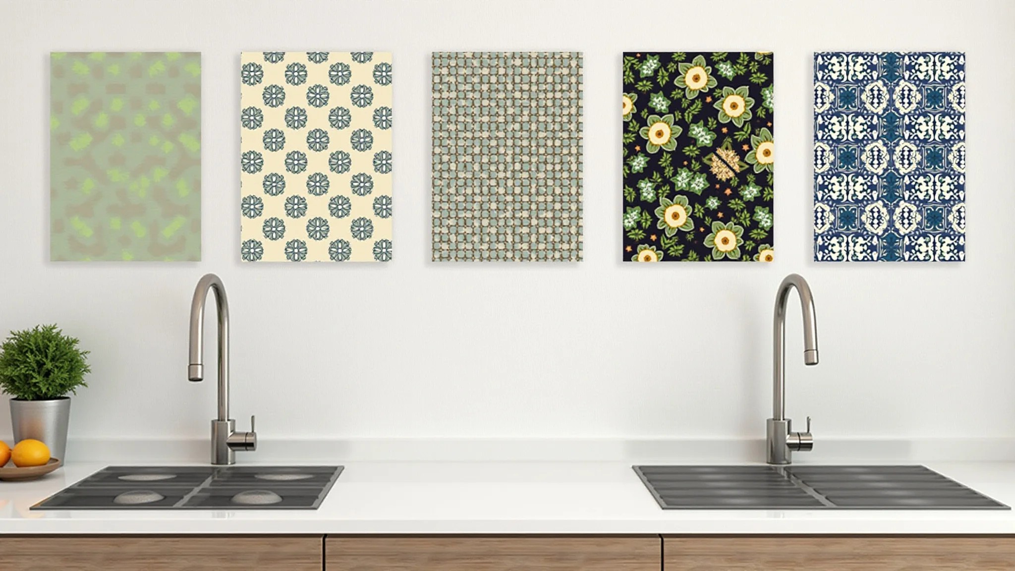 Variedade de designs de adesivos para azulejo: geométricos, florais, mosaicos.