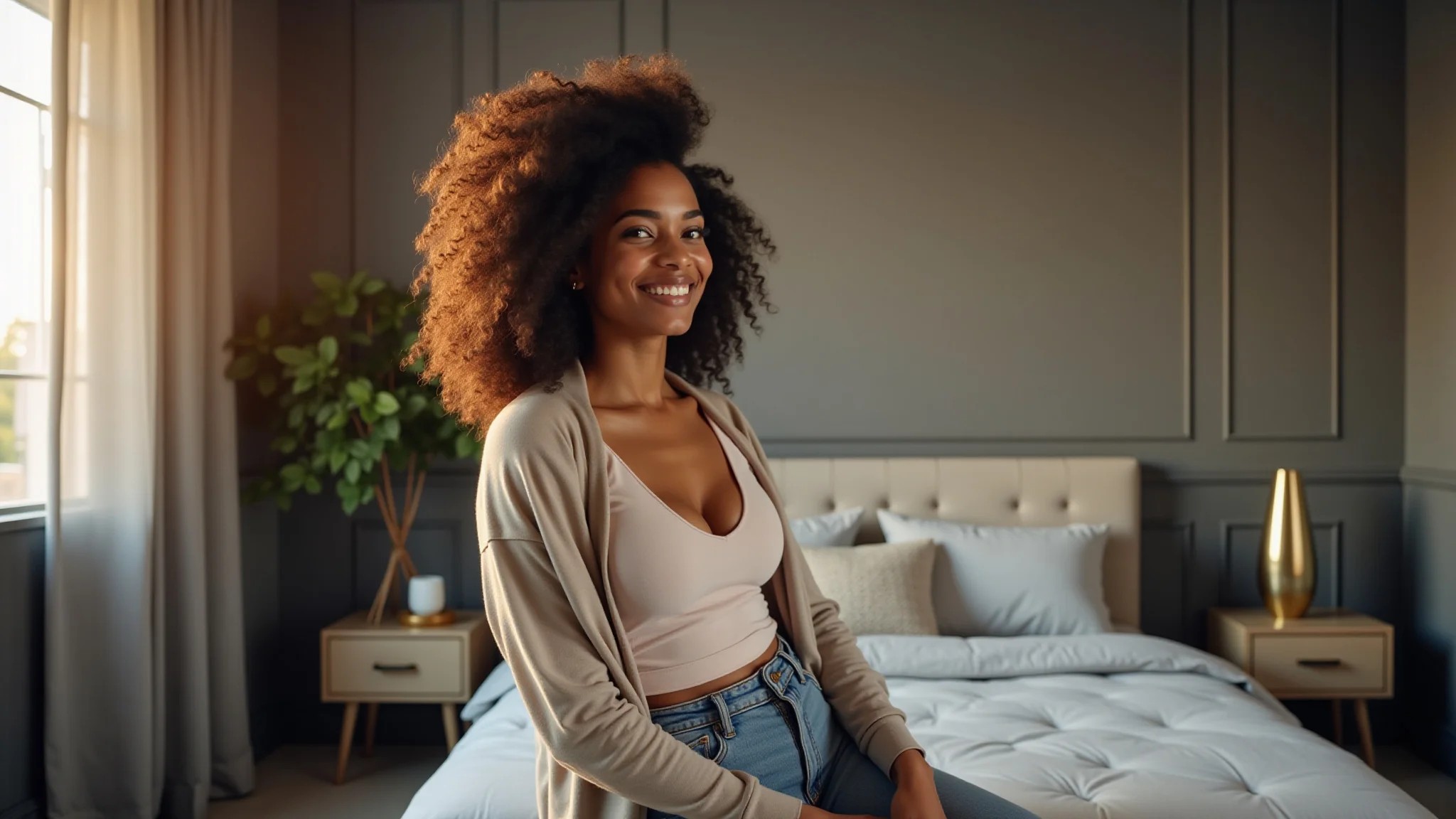 Quarto cinza moderno e minimalista com detalhes metálicos e uma mulher brasileira.
