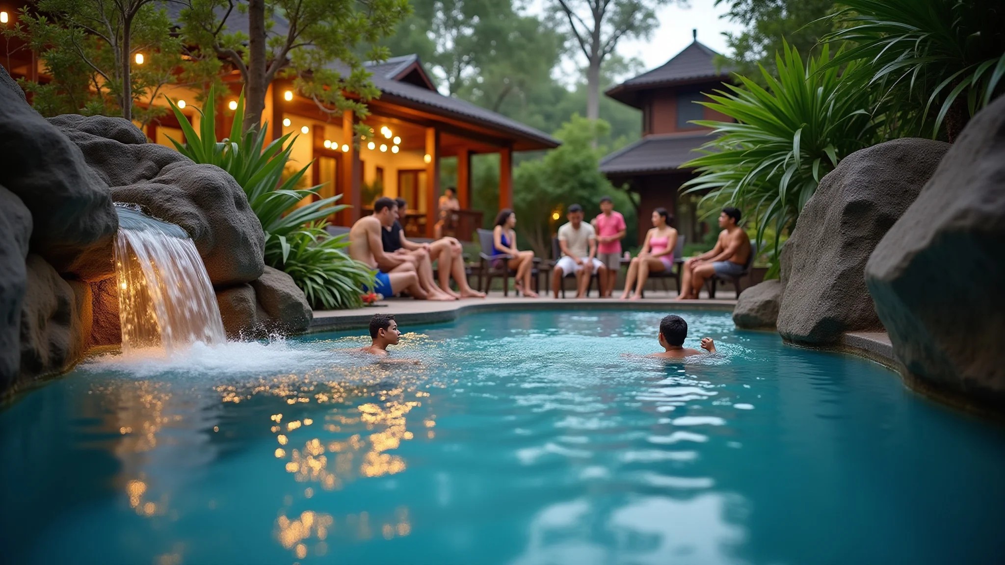 Piscina pequena com cascata e paisagismo exuberante.