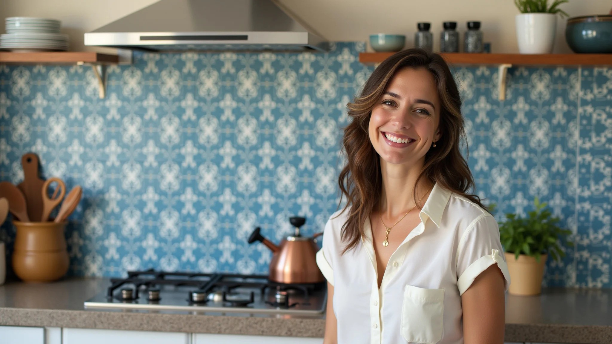 Azulejos portugueses azuis em cozinha brasileira.