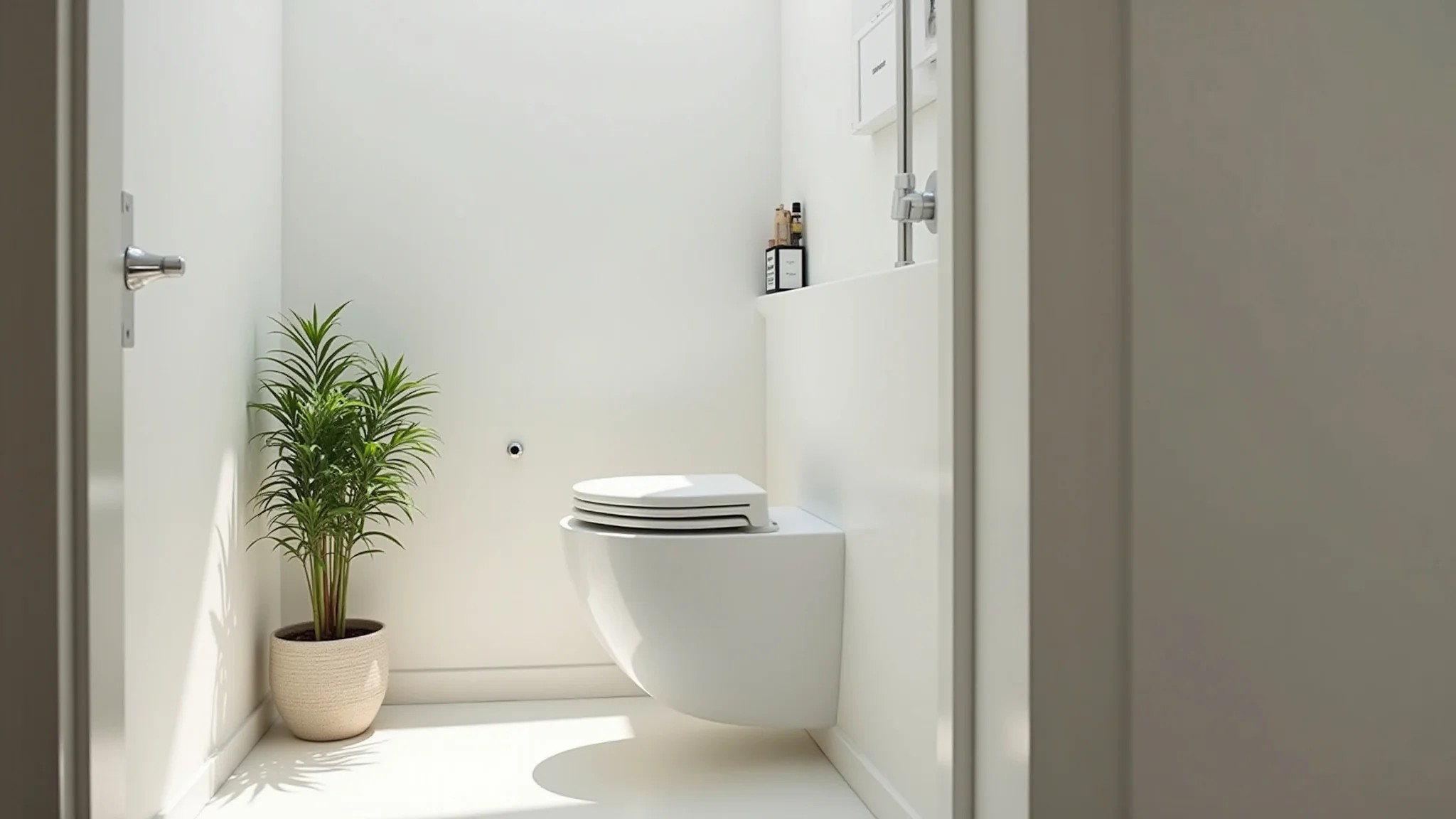 Banheiro minimalista com vaso sanitário suspenso, iluminação clara e planta verde.