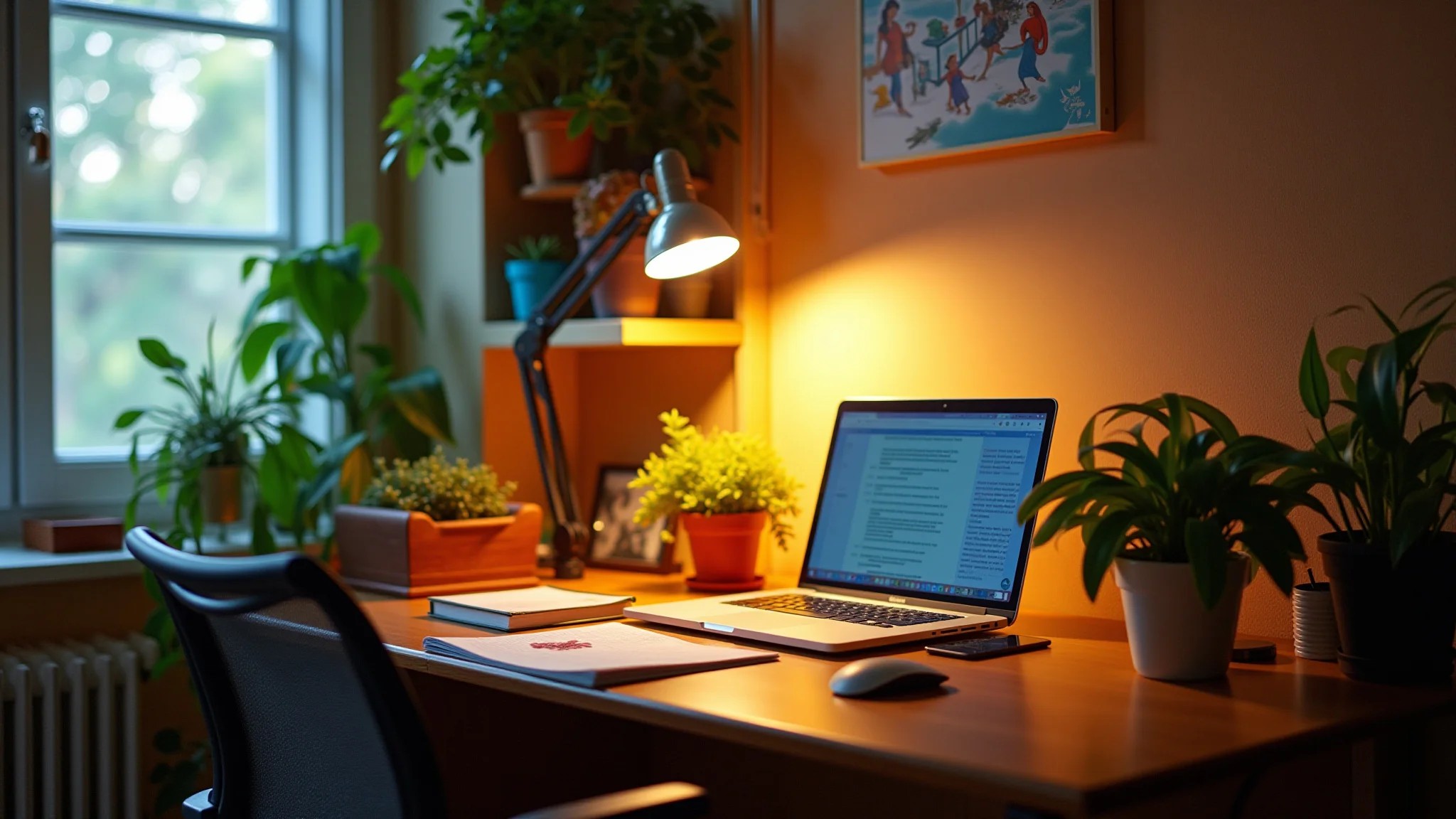 Iluminação aconchegante em home office pequeno, com luminária e decoração vibrante.