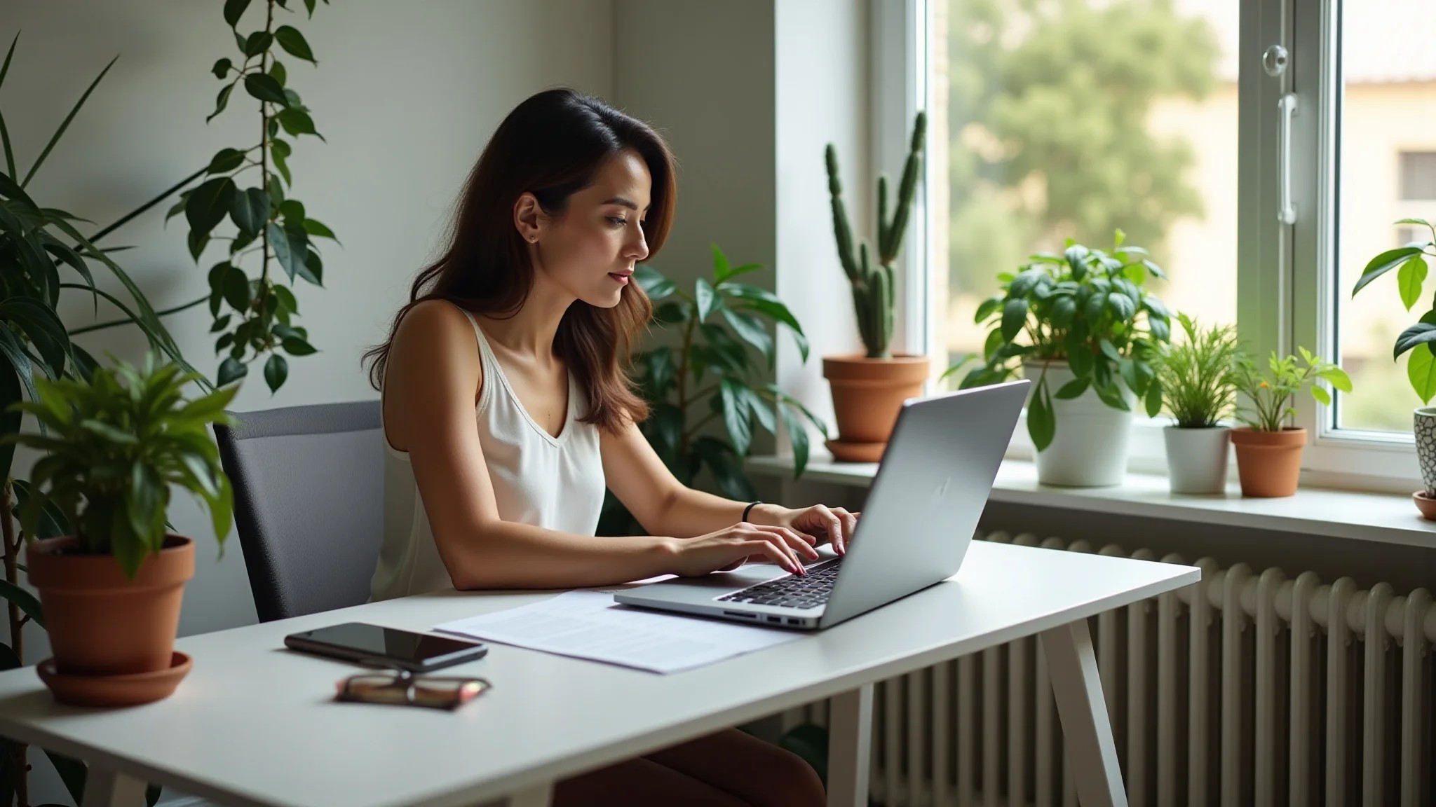 Mulher trabalhando em home office pequeno, organizado e com decoração brasileira.