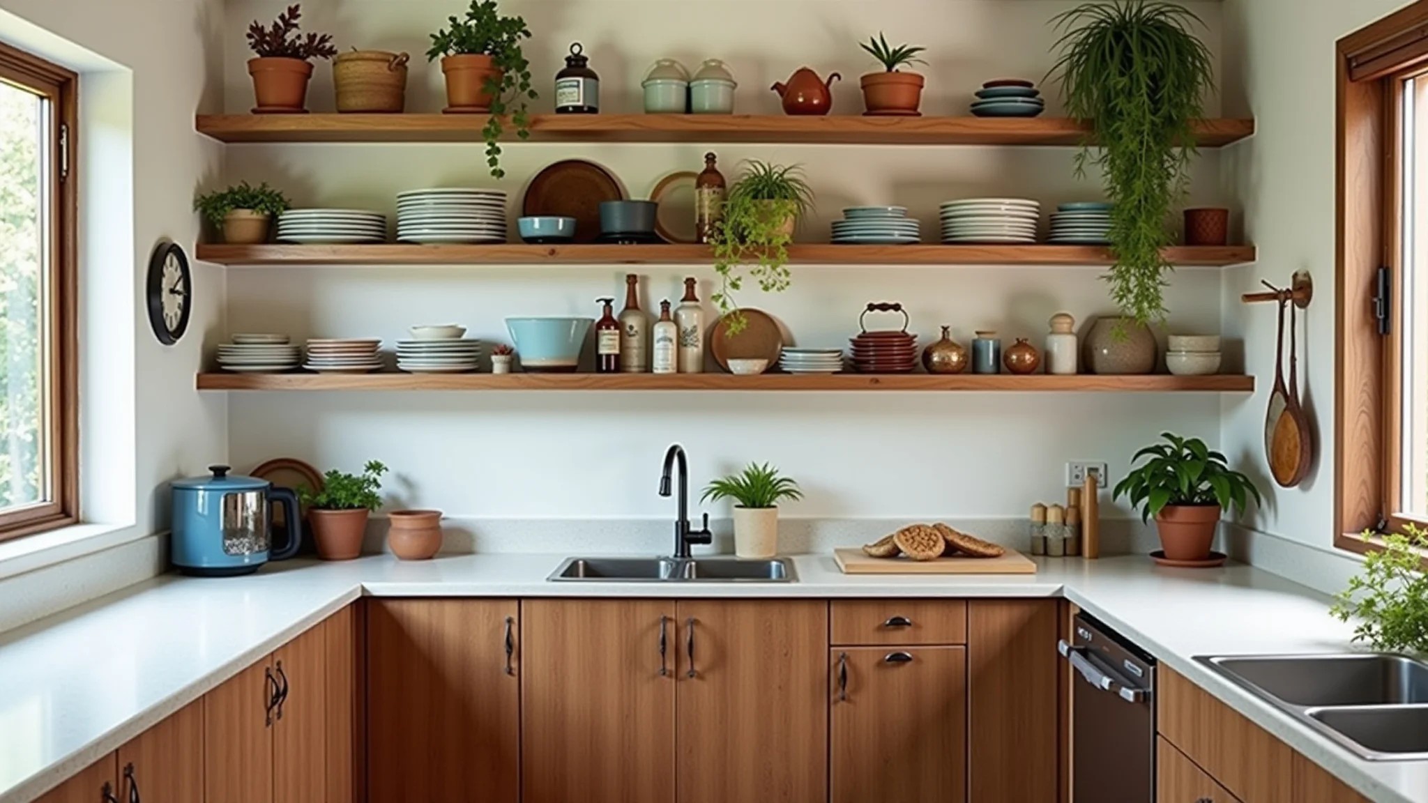 Cozinha aconchegante com prateleiras de madeira reutilizada e plantas.