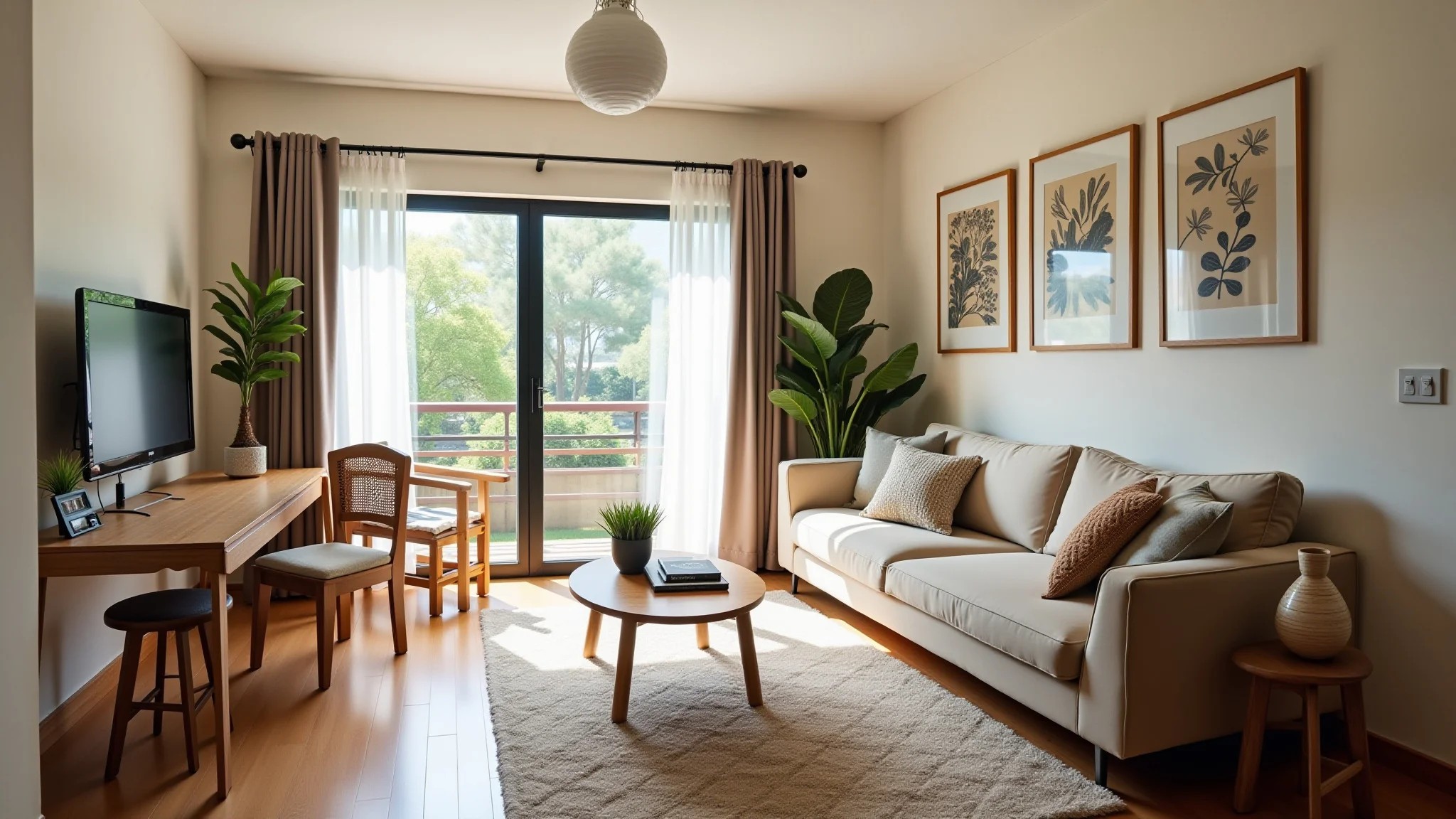 Sala de estar pequena organizada com móveis multifuncionais e decoração DIY.