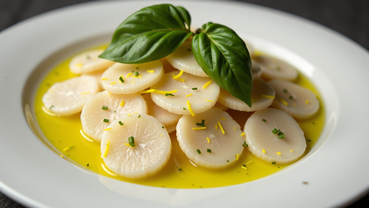 Crudo de Robalo com Limão Siciliano e Manjericão, leve e aromático.