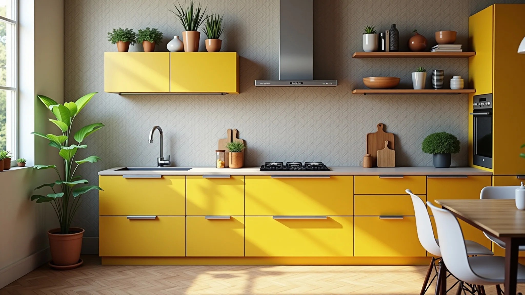 Cozinha com armários amarelos vibrantes, revestimentos de parede 3D e elementos naturais.
