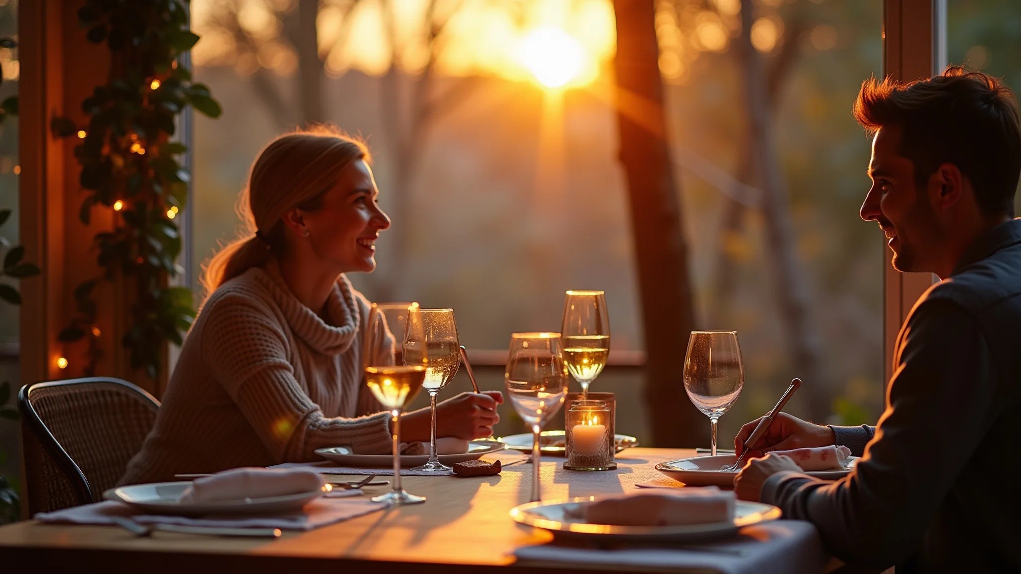 Casal desfrutando de um jantar romântico no restaurante L'Épicerie em Curitiba no inverno.