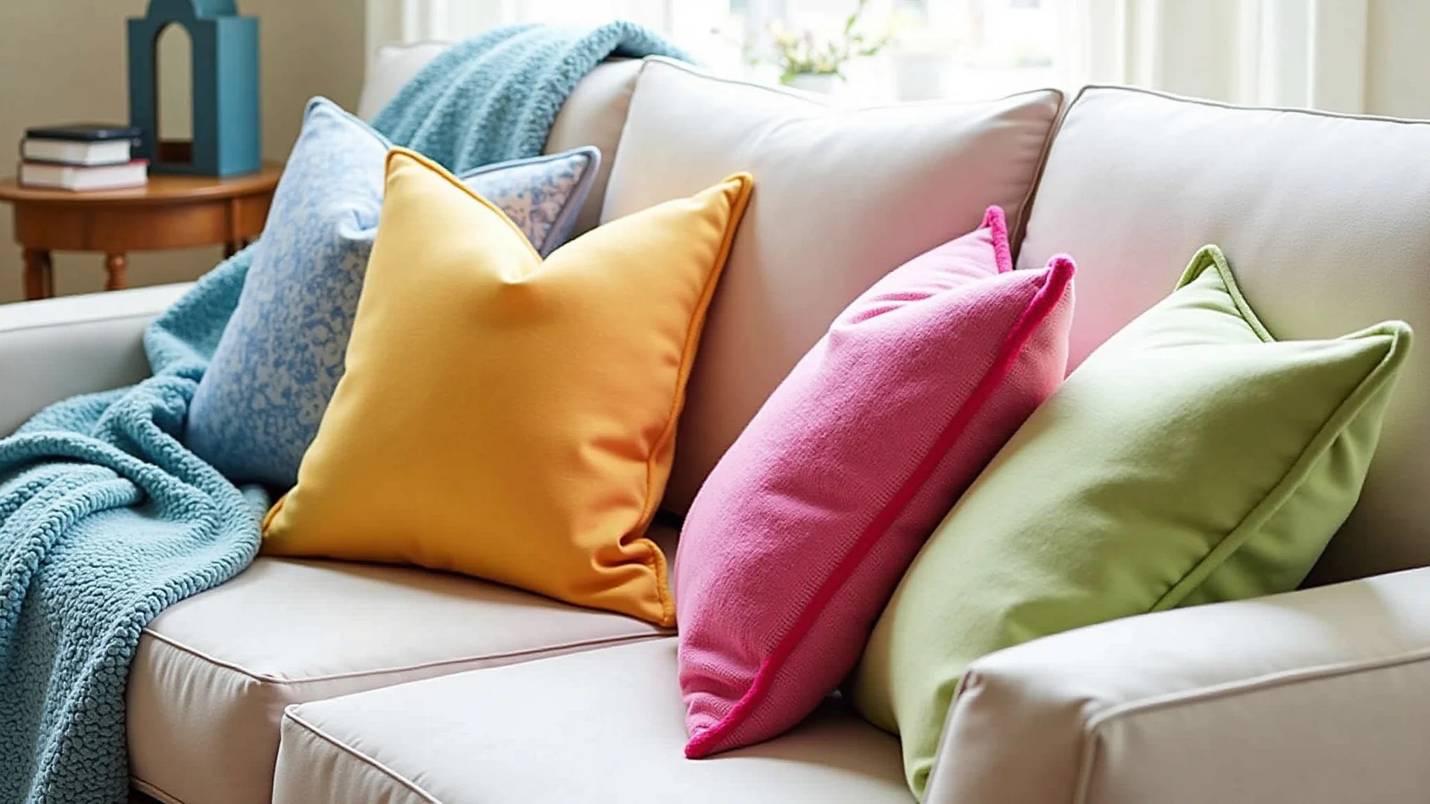 Almofadas e mantas coloridas em sofá neutro, detalhes vibrantes na decoração.