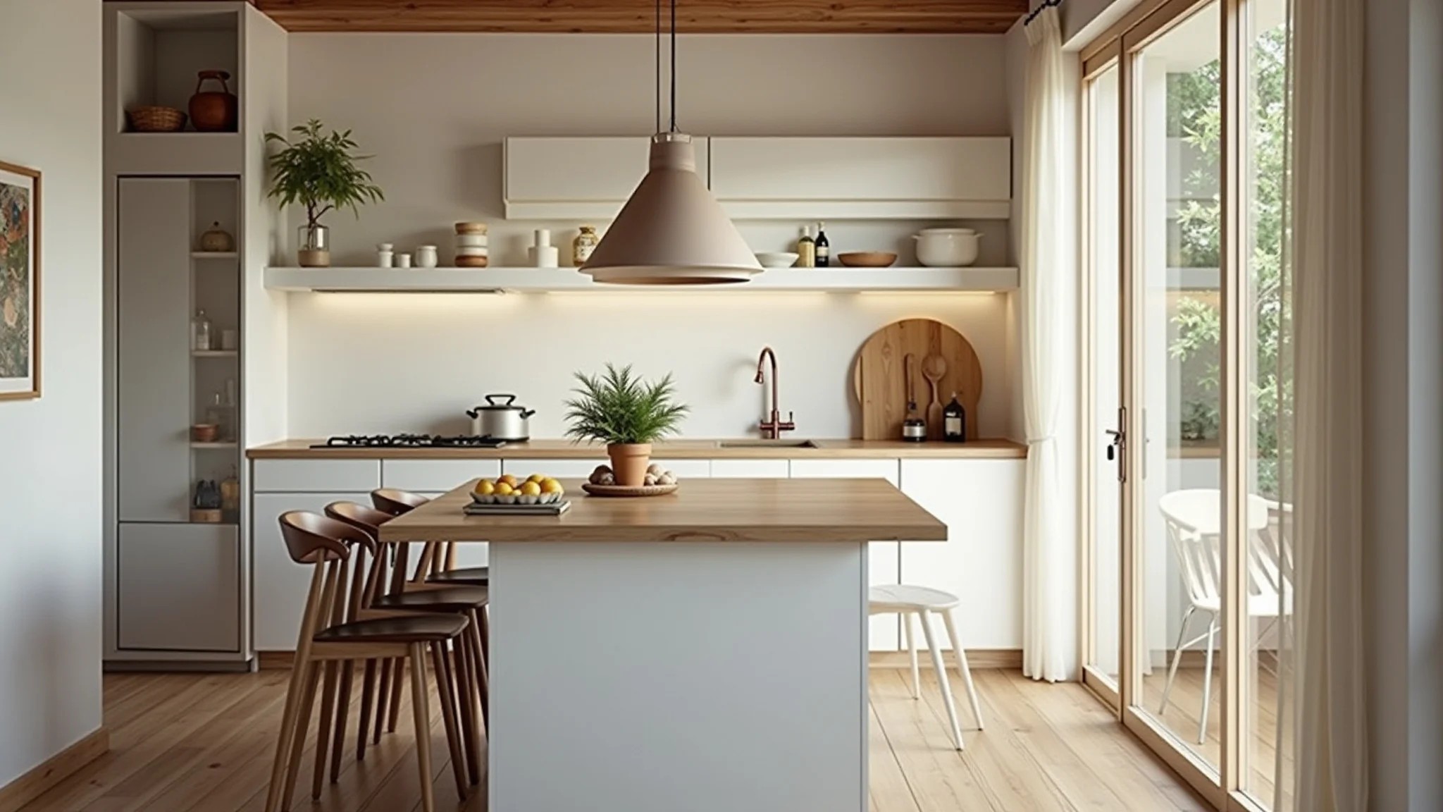 Cozinha pequena minimalista com iluminação natural e design brasileiro.
