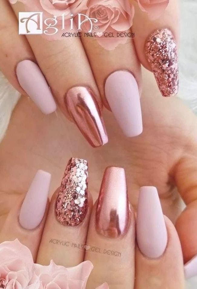 Rose gold nails design, Gold acrylic nails