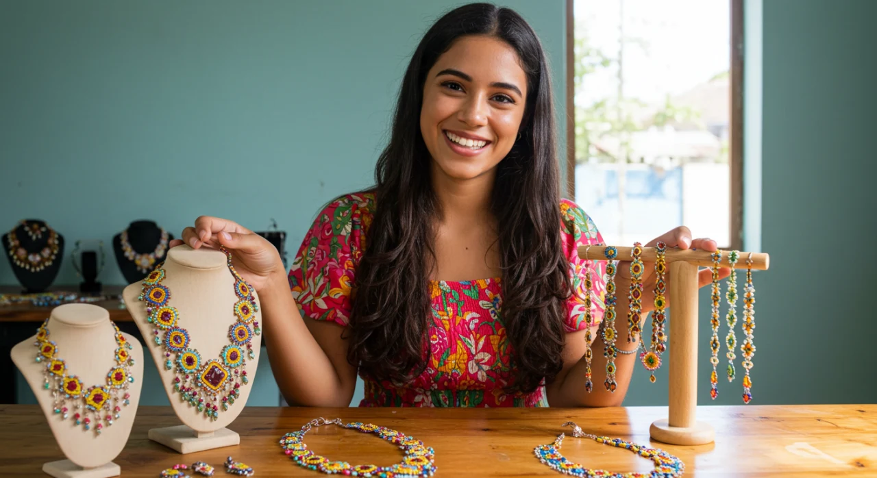 Artesã brasileira sorrindo, exibindo orgulhosamente joia artesanal finalizada.