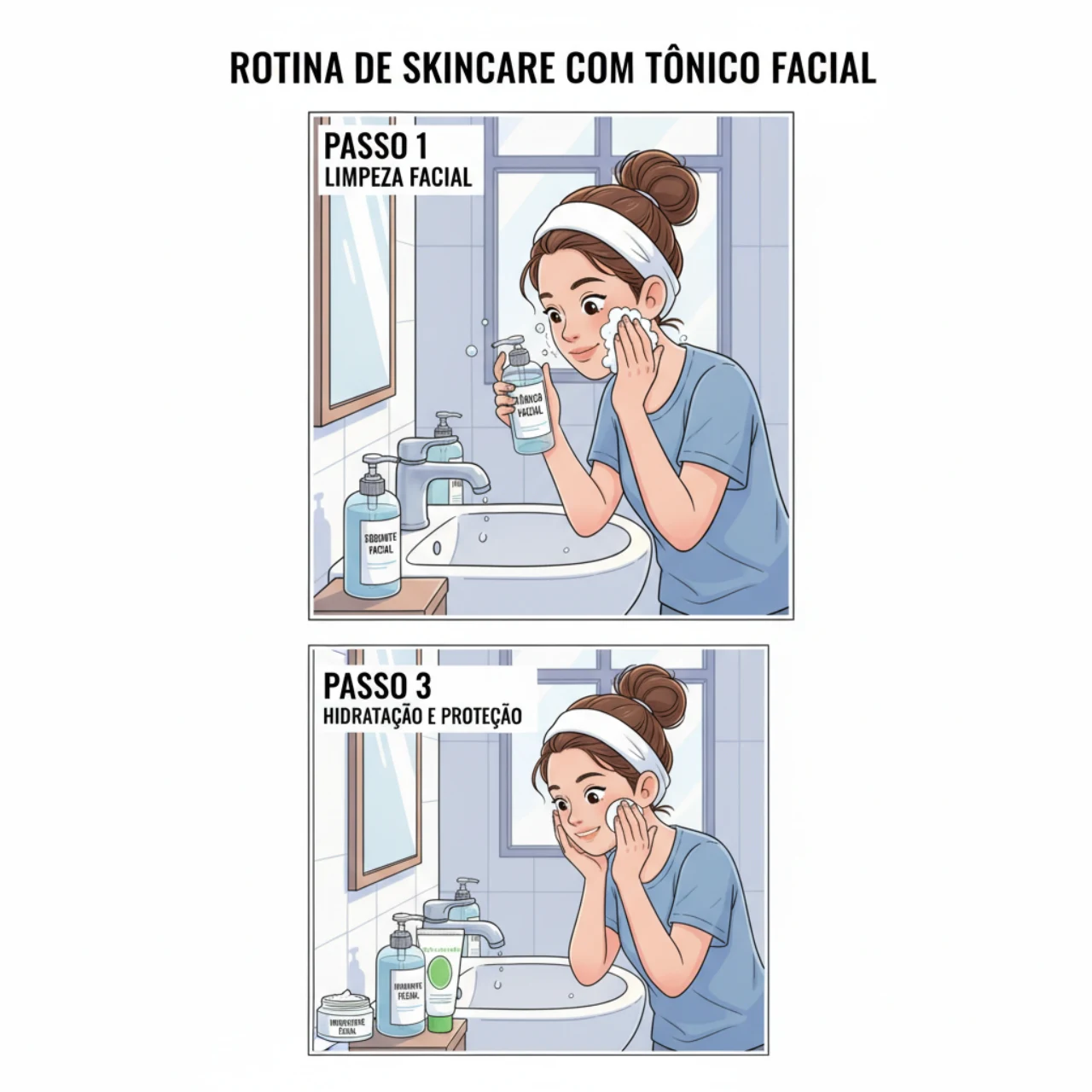 Ilustração passo a passo de uma rotina de skincare com tônico facial.