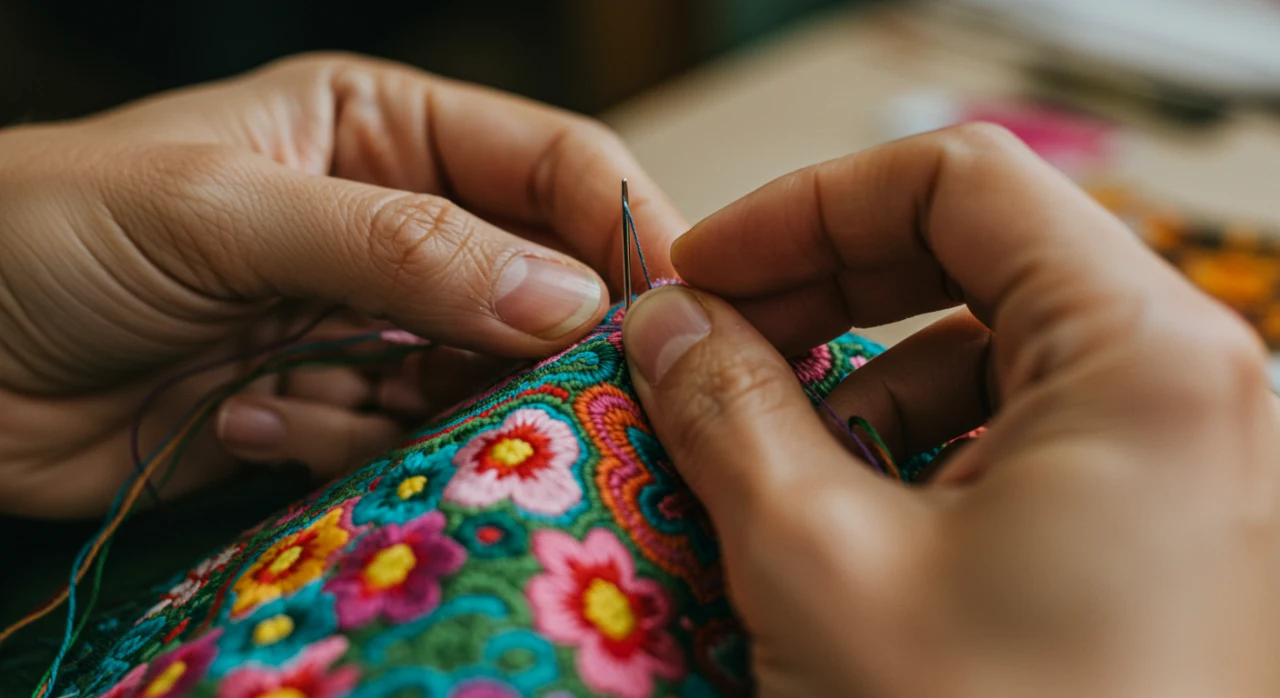 Mãos habilidosas bordando artesanato colorido, detalhes e precisão do trabalho manual.