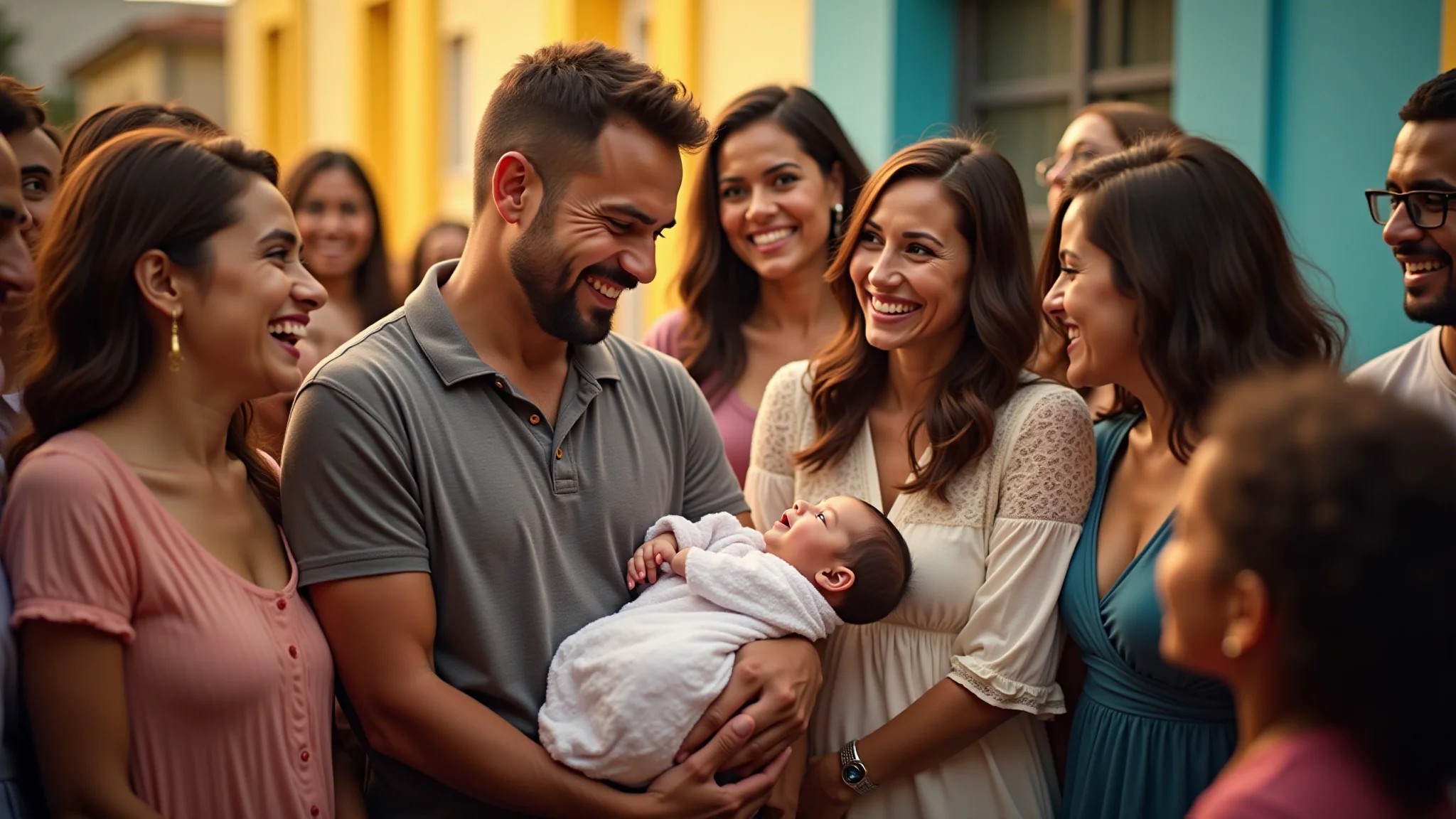 Celebração alegre do nome de um bebê com família diversificada em festa brasileira.