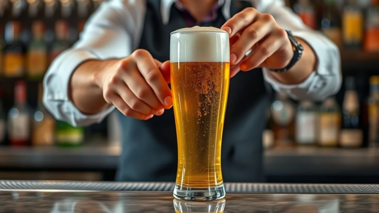 Bartender servindo chopp pilsen em bar brasileiro.