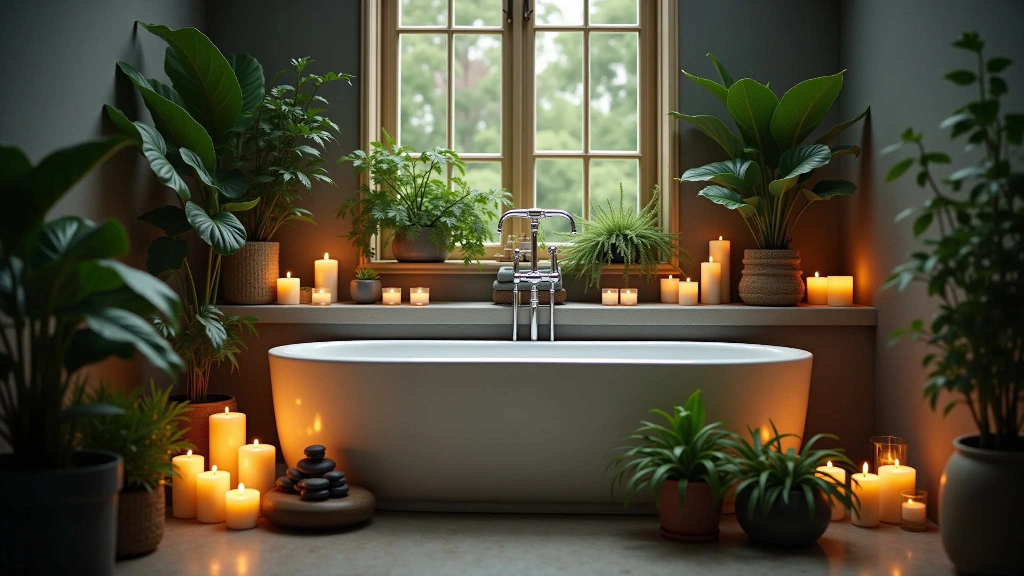 Banheira rodeada por plantas, velas e iluminação suave, criando ambiente relaxante.