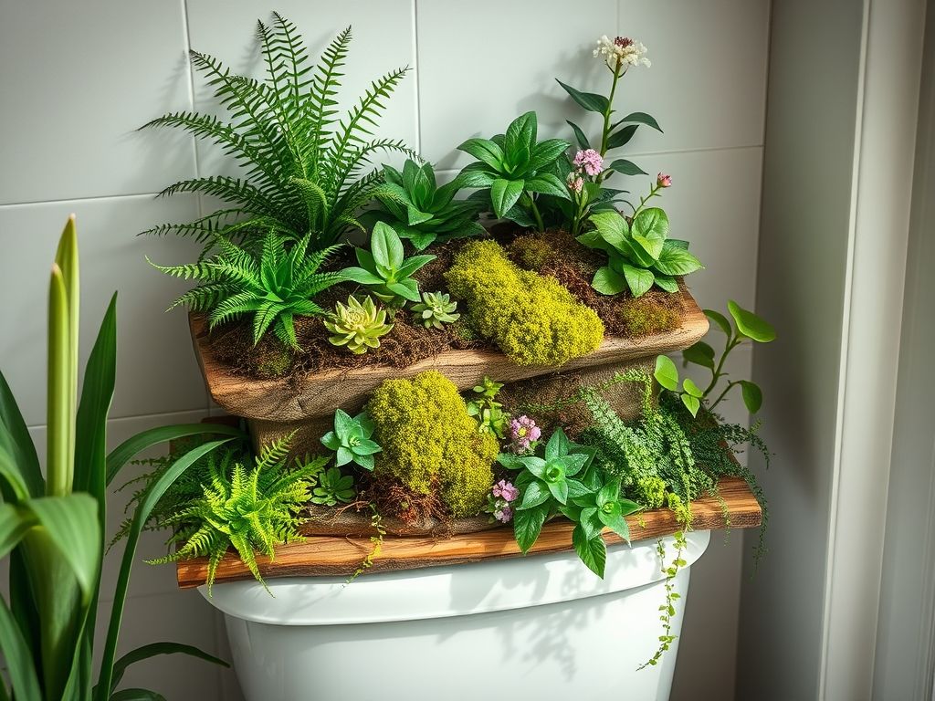 Um mini jardim lindamente arranjado dentro de um banheiro, mostrando diferentes plantas como samambaias, musgo e pequenas plantas floridas.