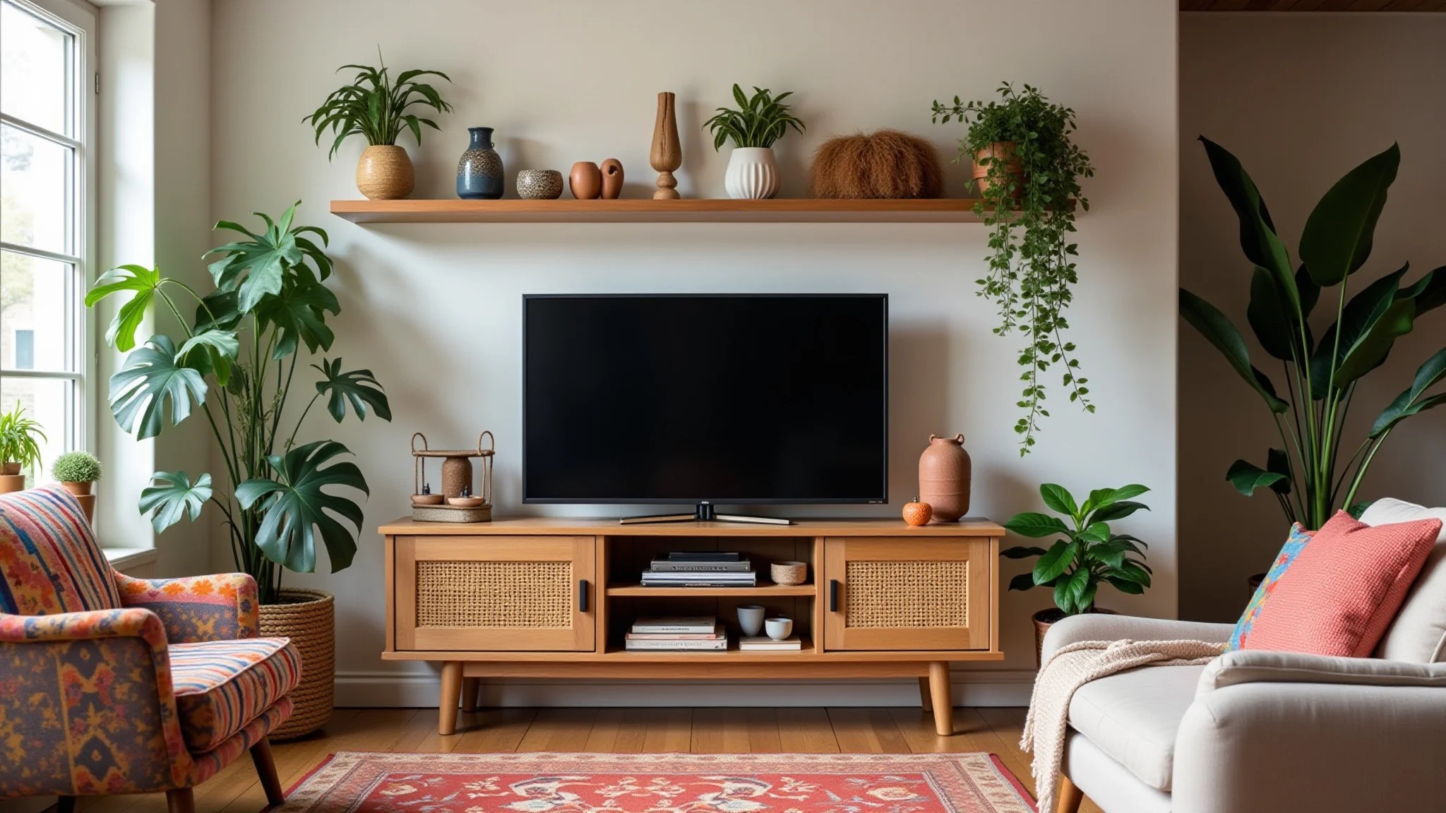 Sala de estar boho com rack de TV decorado com artesanato e plantas.