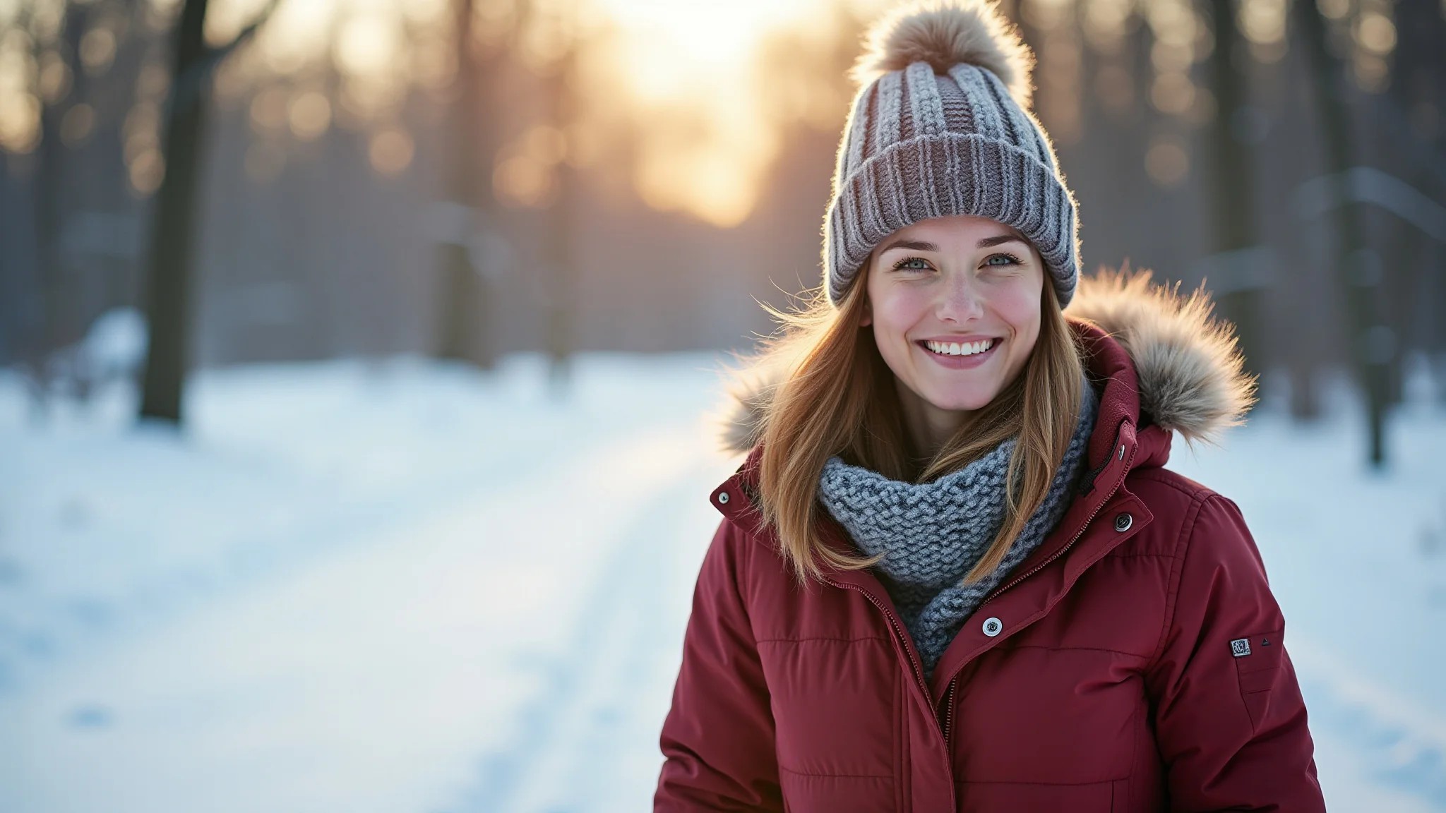Mulher sorrindo em Quebec City no inverno, vestindo roupas coloridas e quentes.
