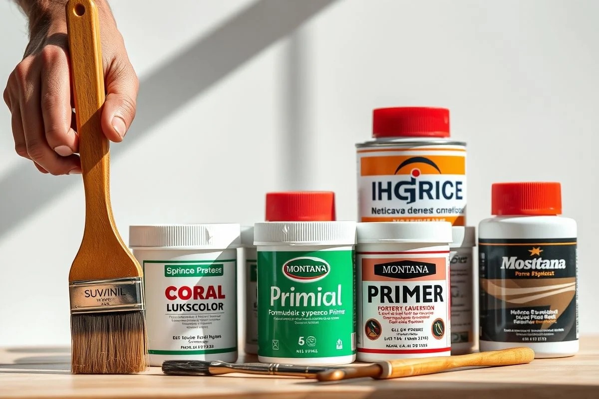 Pincel e primers de marcas brasileiras (Suvinil, Coral, etc.) para diferentes superfícies.