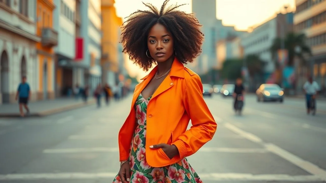 Jaqueta laranja neon com saia floral, modelo brasileira. Moda ousada e vibrante.
