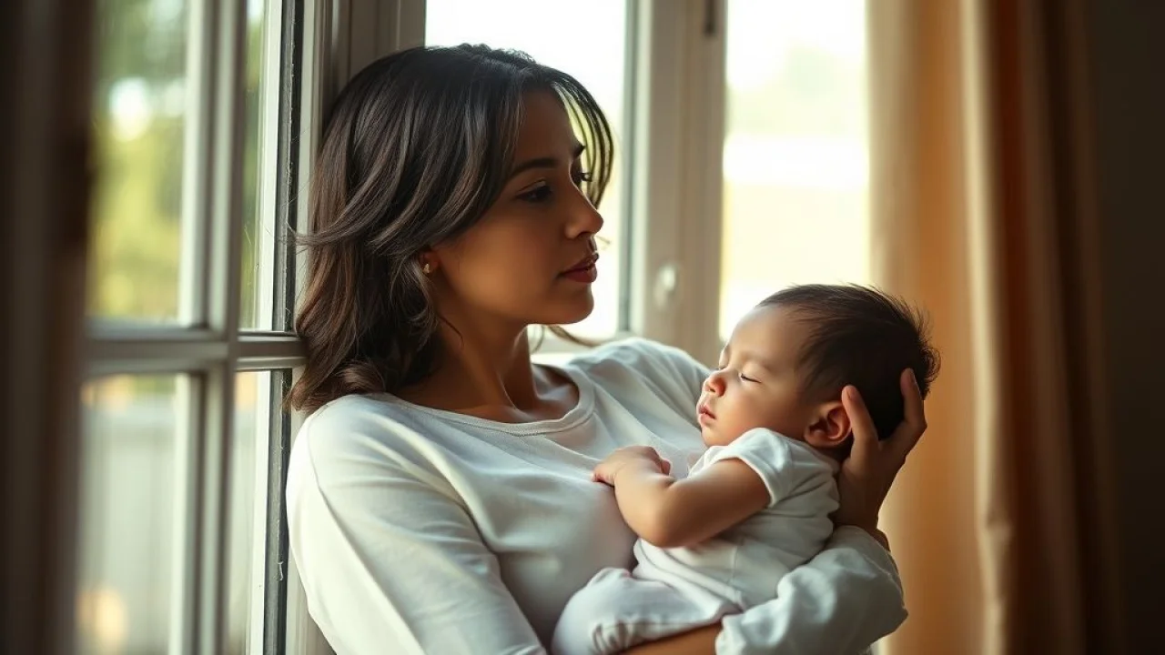 Mãe brasileira reflexiva olhando pela janela com bebê dormindo. Solidão materna.