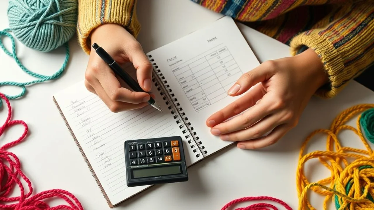 Crocheteira calculando preço do crochê. Precificação, finanças, negócio.