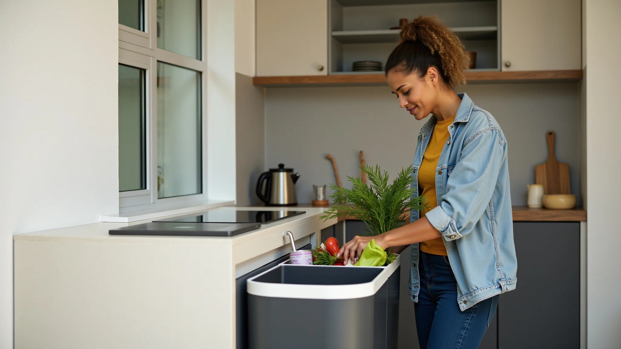 Mulher separando lixo reciclável em lixeira de coleta seletiva.