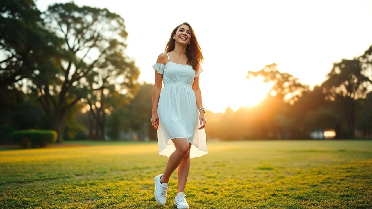 Mulher brasileira com vestido branco e tênis branco sorrindo em parque.