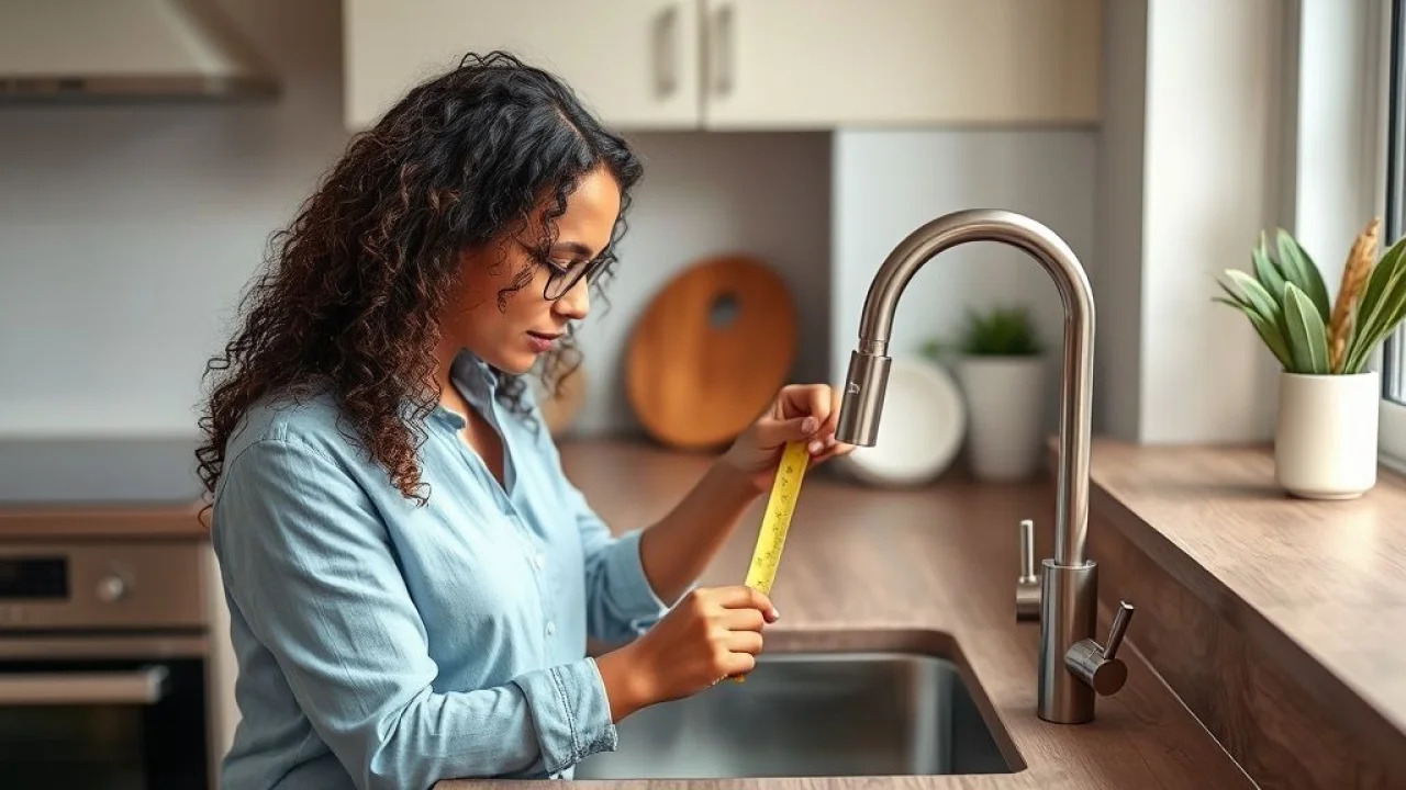 Mulher brasileira medindo espaço na pia antes de instalar torneira gourmet.