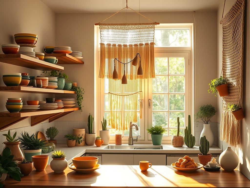 Cozinha em estilo boho, iluminada e arejada, com prateleiras de madeira, cerâmicas coloridas, suculentas e decoração em macramê.