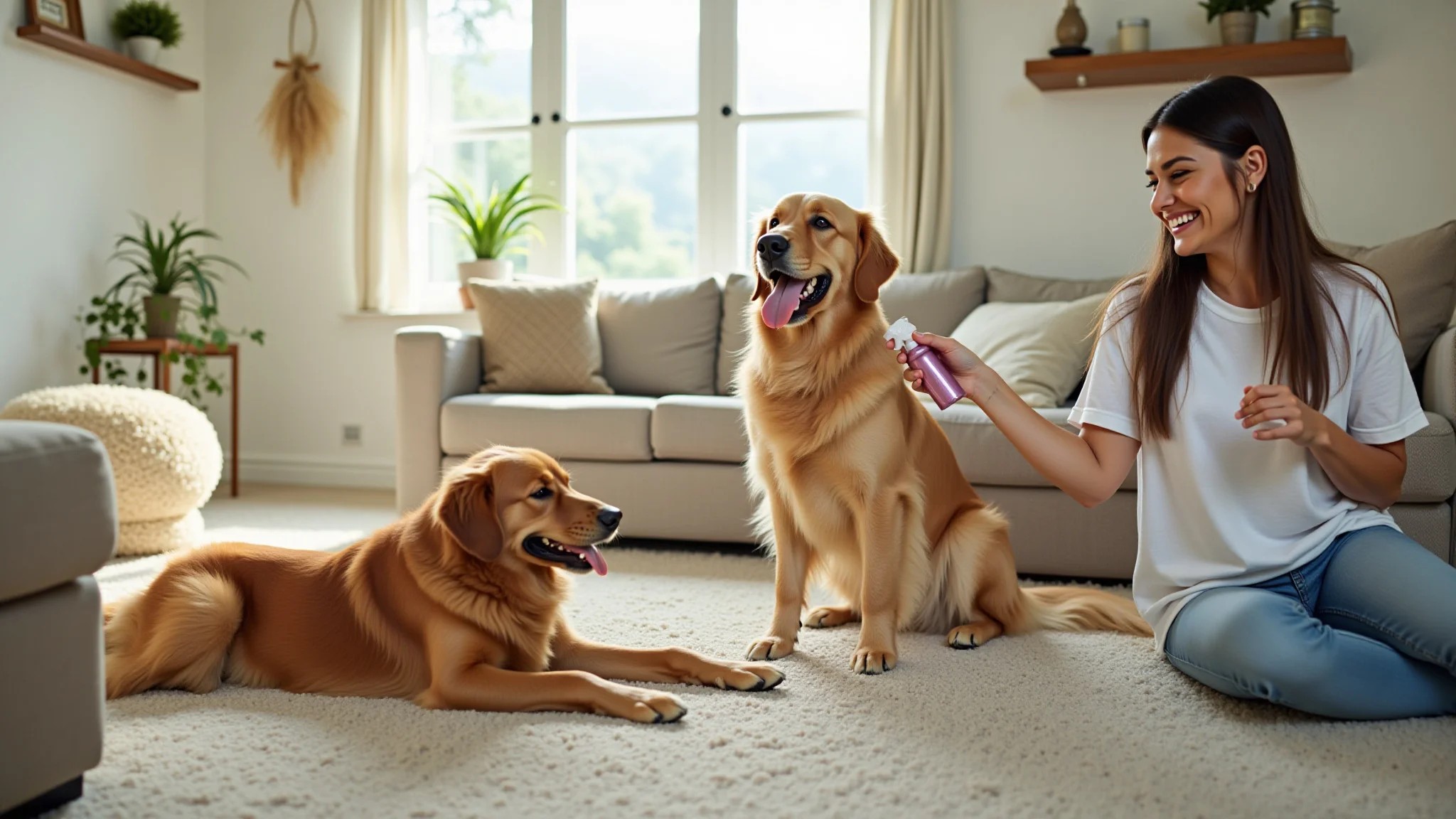 Mulher sorrindo enquanto limpa a sala com um Golden Retriever por perto.