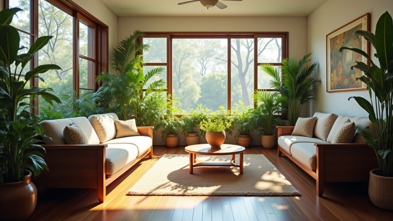 Sala de estar biofílica com plantas e luz natural.