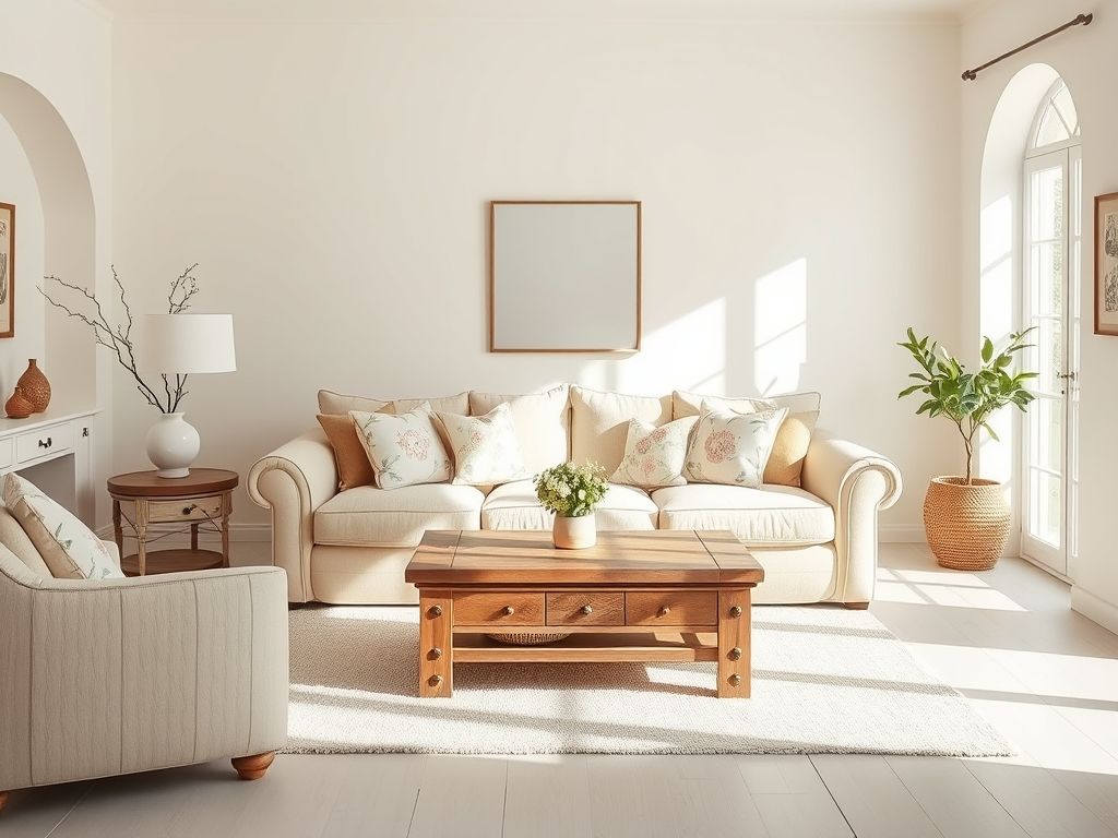 Sala de estar provençal com sofá bege, almofadas florais e mesa de centro de madeira.
