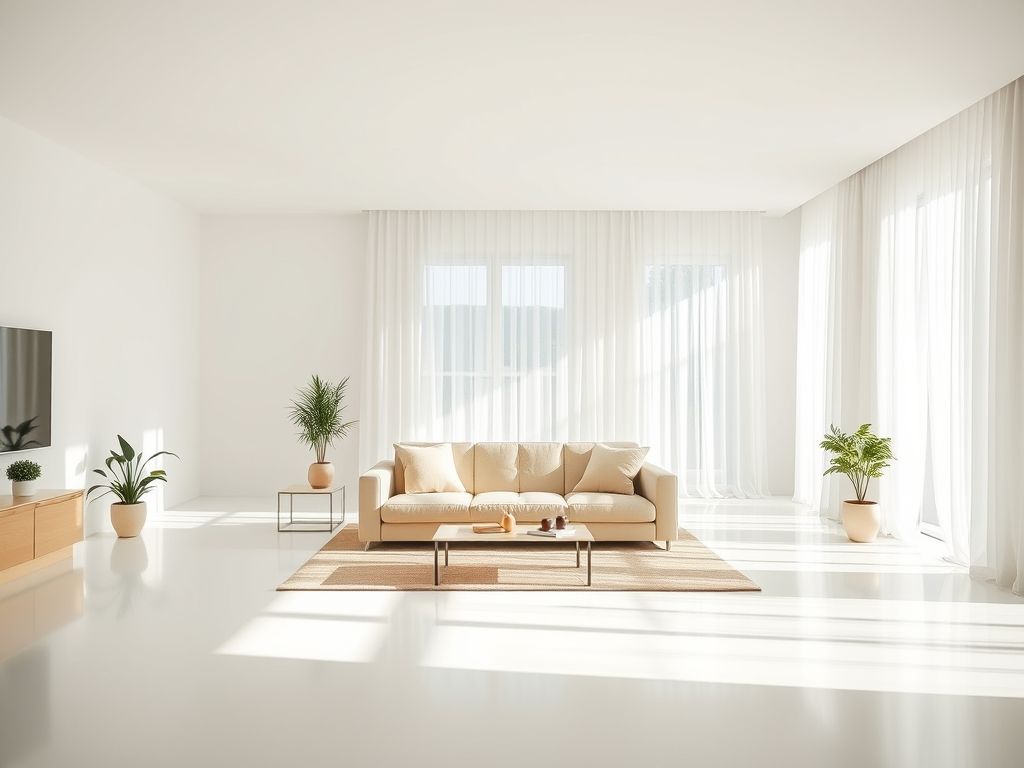 Sala de estar clean e minimalista, com paredes brancas, sofá bege, mesa de centro de madeira e iluminação natural abundante.