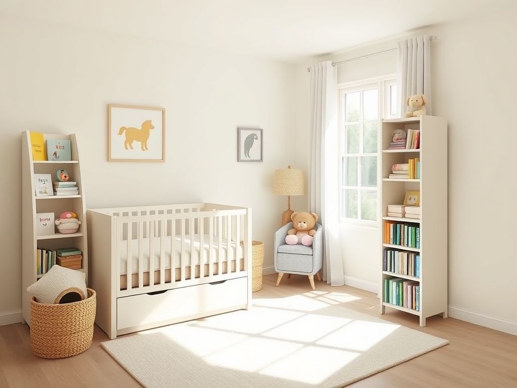 Quarto de bebê pequeno com paredes claras, berço com gavetas e prateleiras otimizando o espaço vertical.