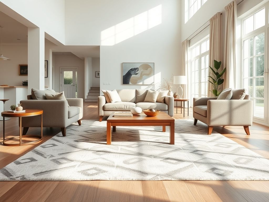 Sala de estar clara e arejada com um tapete geométrico posicionado corretamente sob os móveis, demonstrando o tamanho ideal para o ambiente.