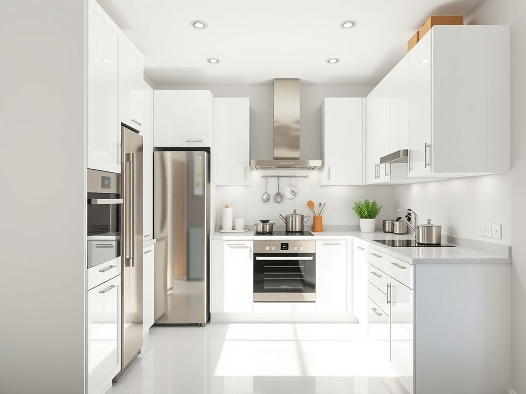 Cozinha planejada compacta e moderna com armários brancos, bancada clara e eletrodomésticos de aço inoxidável, otimizando o espaço com soluções inteligentes de armazenamento.