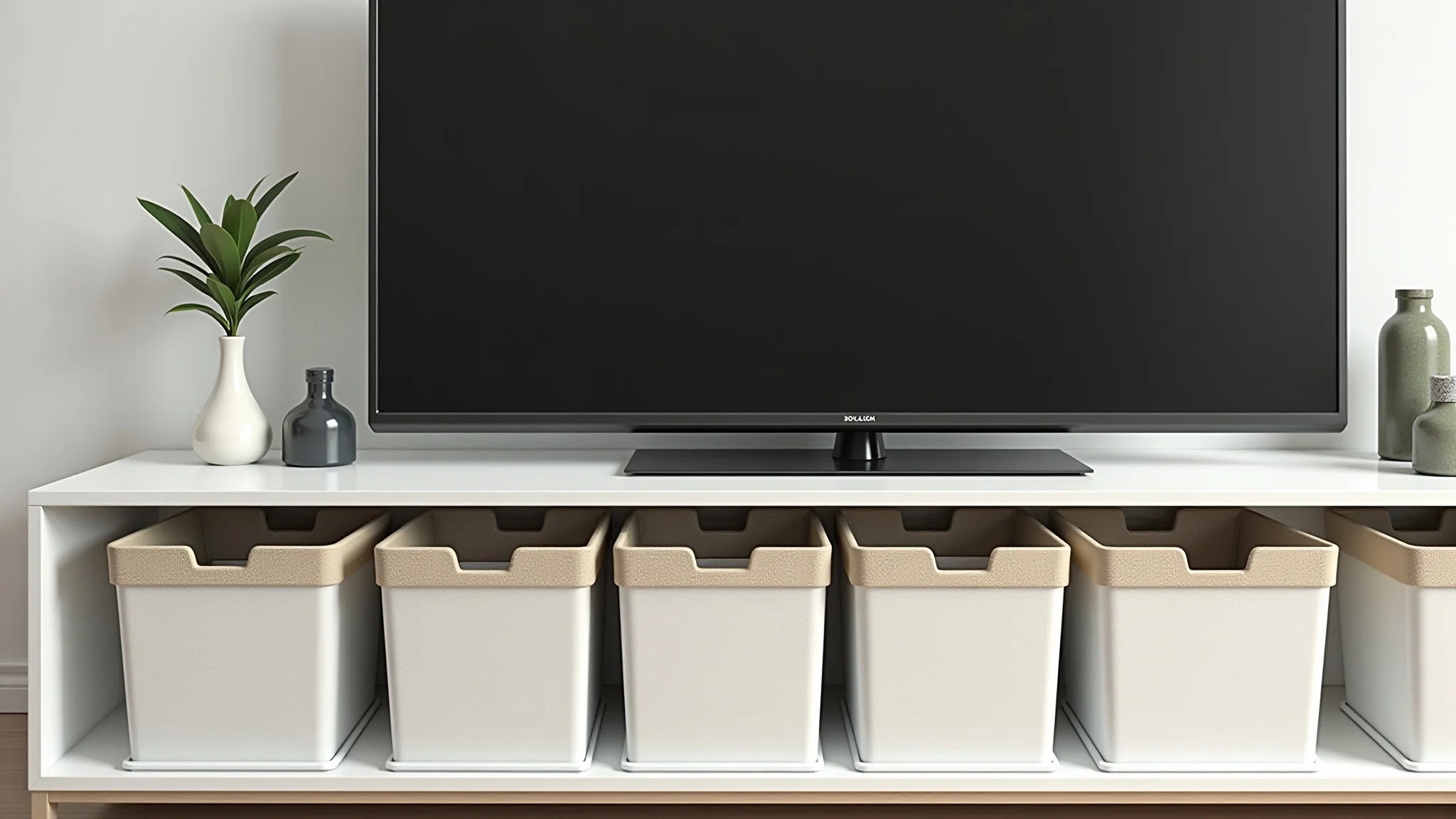 Rack de TV organizado com caixas, objetos decorativos e TV moderna.